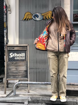 「アメカジ」｜「アイテム（ライダースジャケット）」を使った、Natsuki.Cさん（レディース・165cm）の冬コーディネート