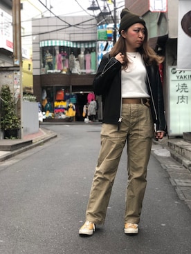 「アメカジ」｜「アイテム（ライダースジャケット）」を使った、Natsuki.Cさん（レディース・165cm）の冬コーディネート