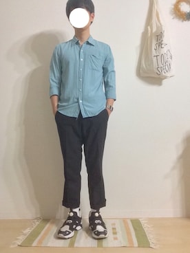 「no brand（ノーブランド）のアイテム（シャツ/ブラウス、グリーン系）」を使った、ejさん（メンズ・166cm）の夏コーディネート