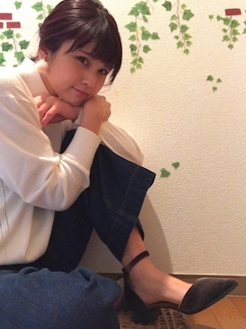 「GU（ジーユー）のアイテム（ニット/セーター、ホワイト系）」を使った、rokoさん（レディース・160cm）の秋コーディネート