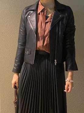「STUDIOUS（ステュディオス）のアイテム（ライダースジャケット）」を使った、Rina Okabeさん（レディース・163cm）の秋コーディネート
