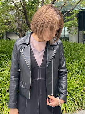 「STUDIOUS（ステュディオス）のアイテム（ライダースジャケット）」を使った、Rina Okabeさん（レディース・163cm）の秋コーディネート