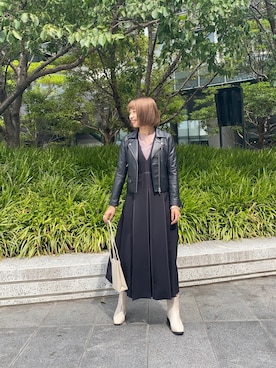 「STUDIOUS（ステュディオス）のアイテム（ライダースジャケット）」を使った、Rina Okabeさん（レディース・163cm）の秋コーディネート