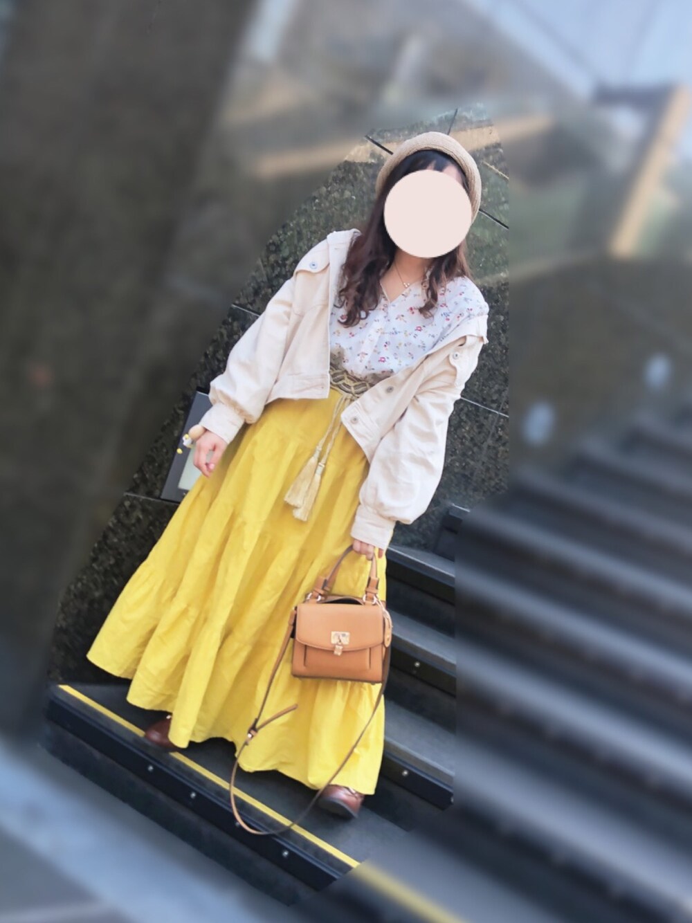 「ラクチンコーデ、春コーデ、花柄、ゆるコーデ、ロンクスカート、春アウター、ベージュコーデ、ローファー、ベレー帽」｜「しまむらのアイテム（ジャケット/アウター、ホワイト系）」を使った、syk 【相互】さん（レディース・150cm）の春コーディネートの1枚目の写真