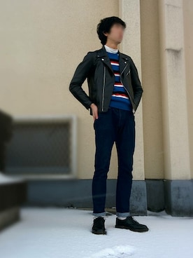 「Confirm（コンファーム）のアイテム（ライダースジャケット）」を使った、みかけだおしさん（メンズ・180cm）の冬コーディネート