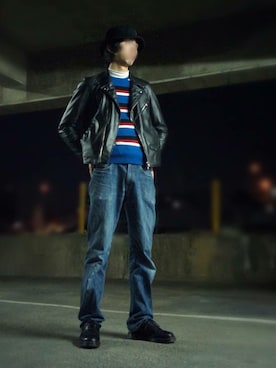 「Confirm（コンファーム）のアイテム（ライダースジャケット）」を使った、みかけだおしさん（メンズ・180cm）の冬コーディネート