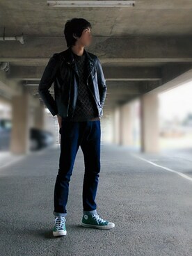 「Confirm（コンファーム）のアイテム（ライダースジャケット）」を使った、みかけだおしさん（メンズ・180cm）の冬コーディネート
