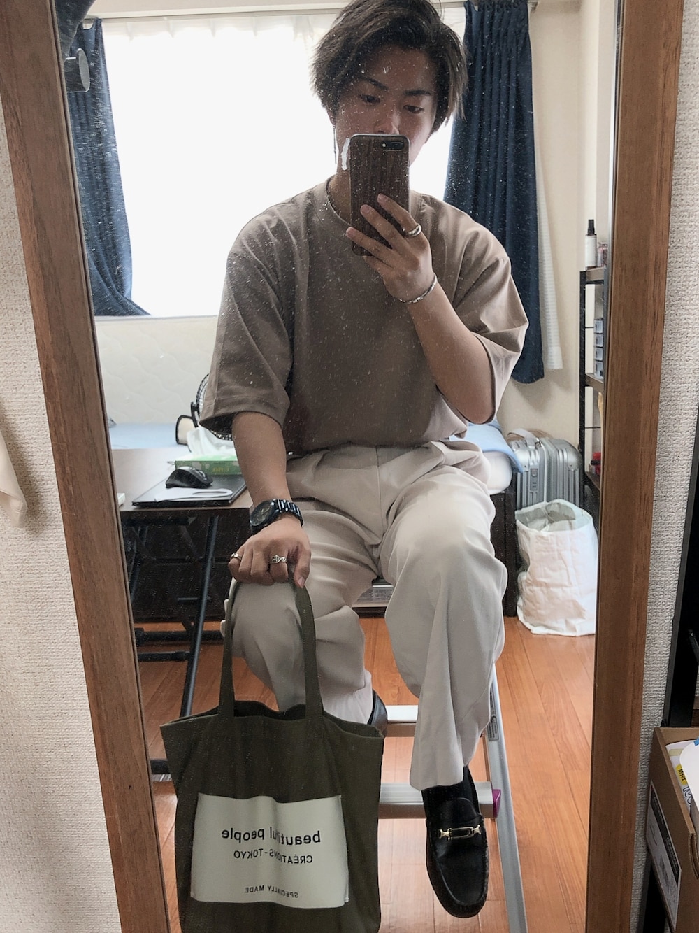「シンプルコーデ、夏コーデ、Tシャツ、ビッグシルエット、オトナカジュアル、低身長、大学生、HARE、チャオパニックティピー(CIAOPANIC TYPY)、フォローお願いします」｜「CIAOPANIC TYPYのオーガニックコットン度詰め半袖無地Tee　定番/ベーシック/ビッグシルエット/オーバーサイズ/ヘビーコットン/大きめ（Tシャツ/カットソー、ベージュ系）」を使った、yugaさん（メンズ・168cm）の夏コーディネートの1枚目の写真