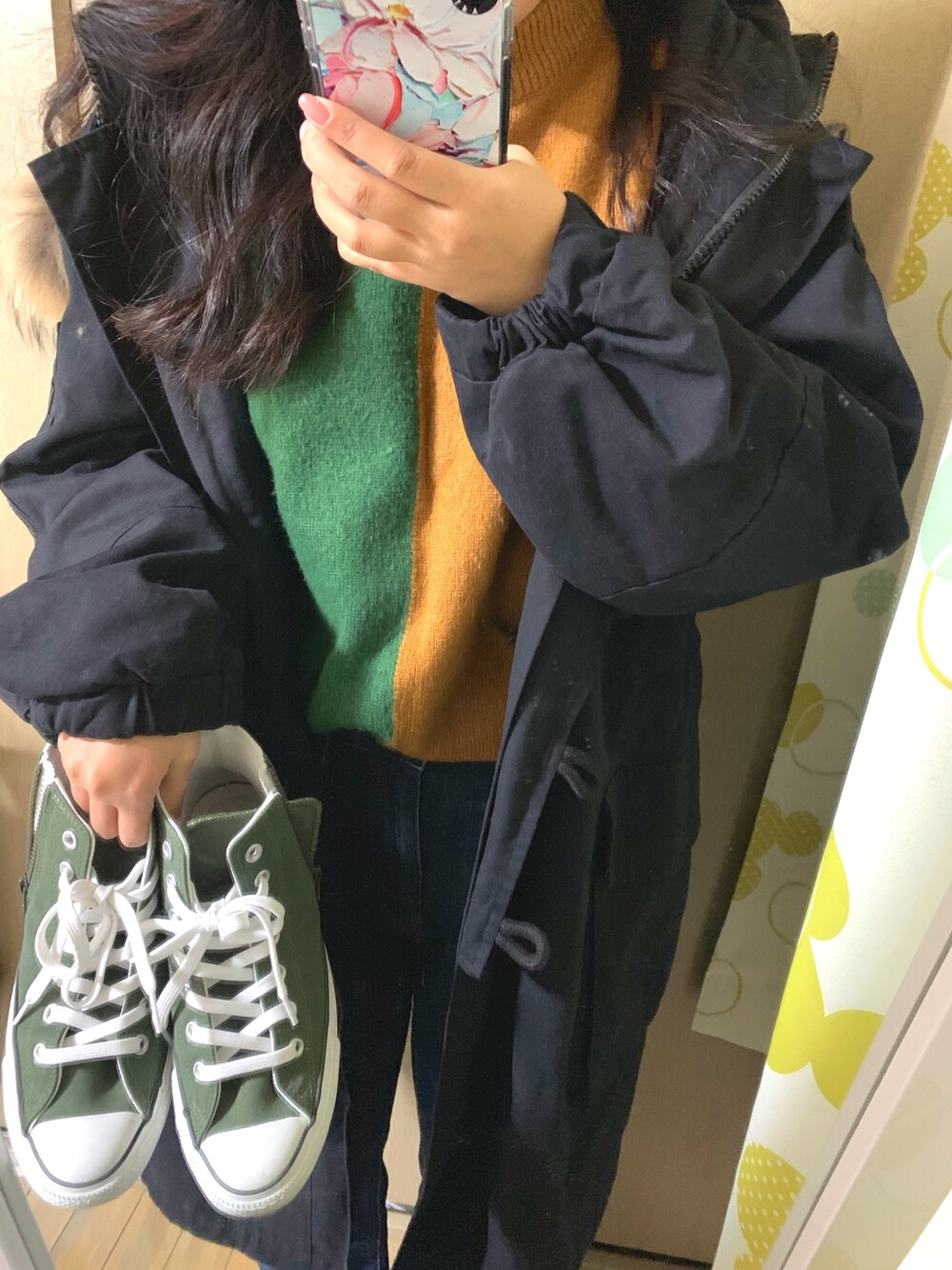 「dholic、コンバース ハイカット、今日のコーデ」｜「DHOLICのアイテム（ダウンジャケット/コート、ブラック系）」を使った、Sunny さん（レディース・163cm）の冬コーディネートの1枚目の写真