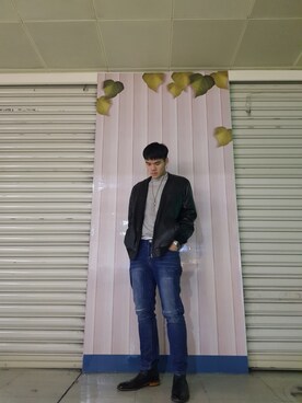 「NET（ネット）のアイテム（ライダースジャケット）」を使った、林家正さん（メンズ・181cm）の冬コーディネート