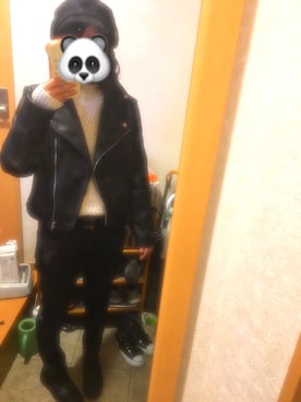 「ワークキャップ」｜「アイテム（ライダースジャケット）」を使った、junさん（レディース・157cm）の冬コーディネート