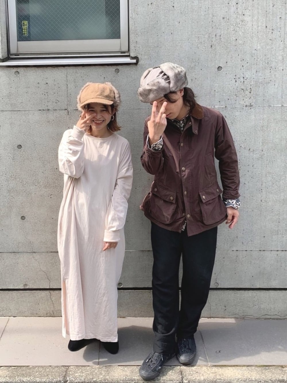 「ラブアンドピース2019、ORNERTE、秋冬コーデ、フライトキャップ、パイロットキャップ、ファー帽子、バブアー、ワンピース、V系なのかな」｜「ORNERTEの【ORNERTE】イヤーフラップキャップ（キャップ、ベージュ系）」を使った、muro☺︎さん（レディース・150cm）の秋コーディネートの1枚目の写真