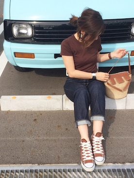 「UNIQLO（ユニクロ）のスーピマコットンリブクルーネックT（半袖）（Tシャツ/カットソー）」を使った、𝕂𝔼𝕀𝕂𝕆さん（レディース・160cm）の春コーディネート