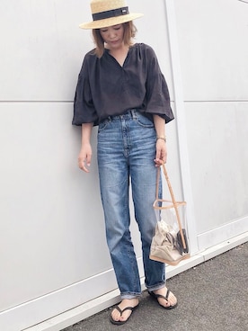 「ブラウス」｜「アイテム（ビーチサンダル）」を使った、𝕂𝔼𝕀𝕂𝕆さん（レディース・160cm）の春コーディネート