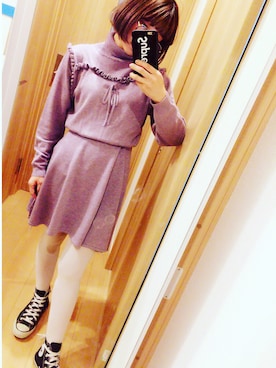 「merry jenny（メリージェニー）のフリルリボンニットワンピース（ワンピース、パープル系）」を使った、ぽっけさん（レディース・154cm）の冬コーディネート