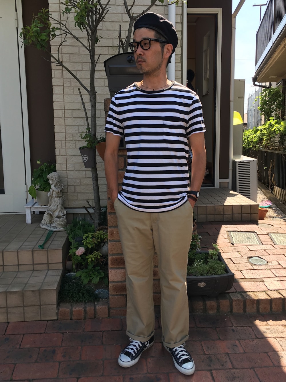 「休日スタイル、夏コーデ、シンプル、USARMY、RAYBAN、Polo Ralph Lauren、ポケットＴシャツ、gung-ho、converse、CASIO」｜「us armyのアイテム（ハンチング/ベレー帽、ブラック系）」を使った、k2106さん（メンズ・175cm）の夏コーディネートの1枚目の写真