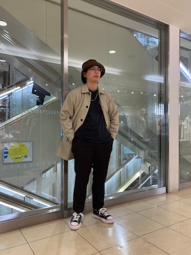 「アイテム（ステンカラーコート）」を使った、わくたさん（メンズ・177cm・20代）の春コーディネート