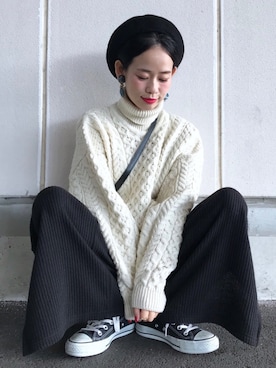 「スリットパンツ」｜「アイテム（ハンチング/ベレー帽）」を使った、yukiさん（レディース・152cm）の秋コーディネート