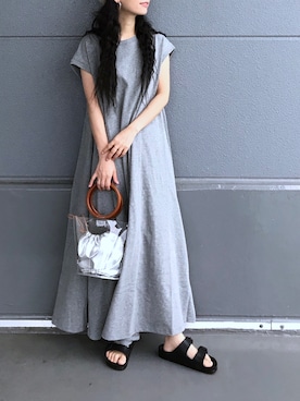 「ADAM ET ROPE'（アダムエロペ）のクリアバケツ巾着バッグ（ハンドバッグ）」を使った、yukiさん（レディース・152cm）の夏コーディネート