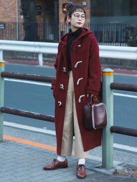ダッフルコートを使った「赤コート」の人気ファッションコーディネート