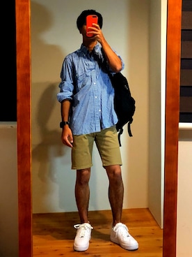 「アイテム（チノパンツ、オレンジ系）」を使った、もとなべさん（メンズ・173cm）の夏コーディネート