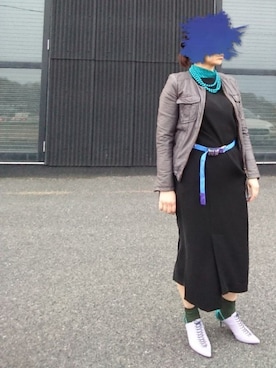 「パープル×黒」｜「アイテム（ライダースジャケット）」を使った、nakoさん（レディース・155cm）の冬コーディネート