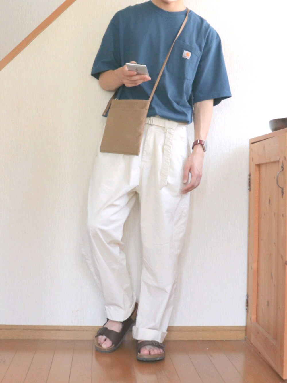 ブルー系のTシャツ/カットソー、ホワイト系のデニムパンツ、ベージュ系のショルダーバッグを着用したメンズの夏コーディネートの1枚目の写真