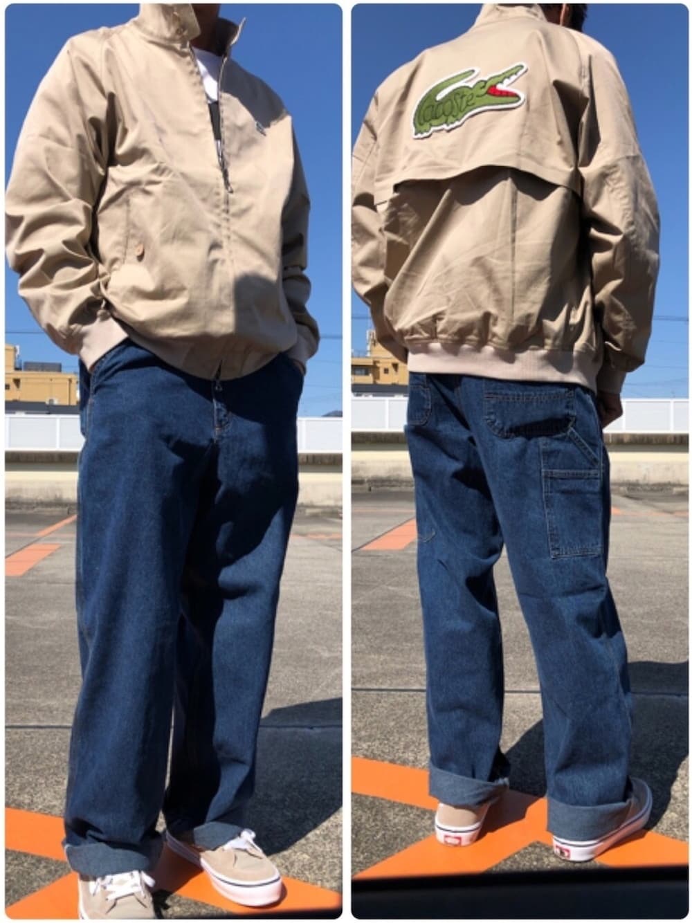 「ビッグシルエット、休日スタイル、ワイドパンツ、はるコーデ」｜「LACOSTEのLACOSTE × BEAMS / 別注 Harrington Jacket（ブルゾン、ベージュ系）」を使った、hiro(⁎⁍̴̆Ɛ⁍̴̆⁎)さん（メンズ・177cm）の春コーディネートの1枚目の写真