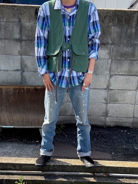 「Engineered Garments（エンジニアードガーメンツ）のアイテム（スリッポン）」を使った、goさん（メンズ・174cm）の春コーディネート