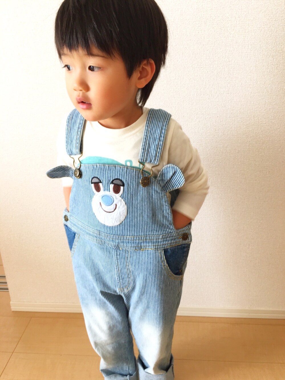「キッズファッション、サロペット、くま、男の子、ｱﾅｯﾌﾟ、アナップキッズ」｜「ANAP kidsのナップくんロングサロペット（サロペット/オーバーオール、ブルー系）」を使った、Ｓ&Nさん（キッズ・90cm）の冬コーディネートの1枚目の写真