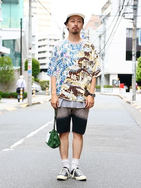 「アイテム（ハンドバッグ、グリーン系）」を使った、kitazawaさん（メンズ・175cm）の夏コーディネート