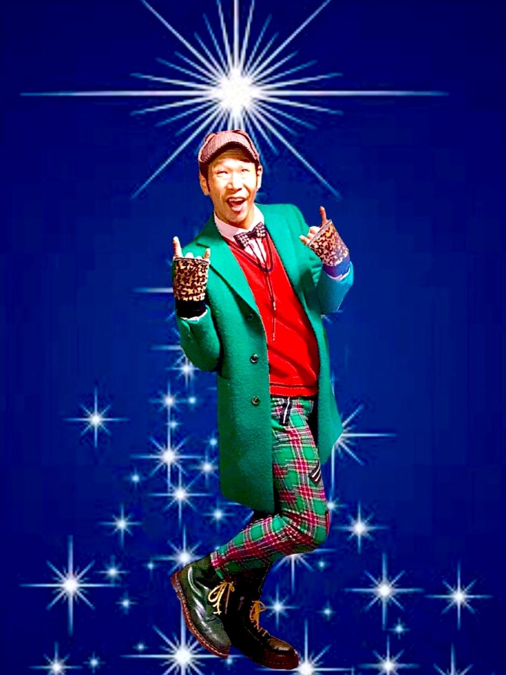 「冬コーデ、お洒落さんとつながりたい、クリスマス、クリスマスコーデ、40代ファッション、帽子、緑、古着、古着MIX、ドクターマーチン」｜「Dr. Martensのアイテム（ブーツ、グリーン系）」を使った、Shigeyoshi iwai さん（メンズ・173cm）の冬コーディネートの1枚目の写真