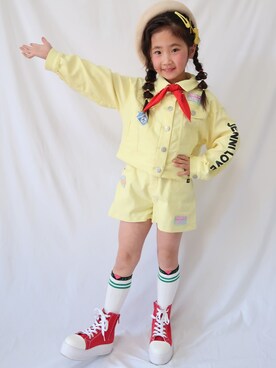 「アイテム（デニムジャケット、イエロー系）」を使った、shuka❥❥さん（キッズ・122cm）の春コーディネート