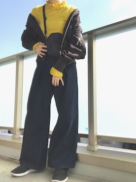 「フリルネック」｜「アイテム（ブルゾン）」を使った、umiさん（レディース・157cm）の春コーディネート