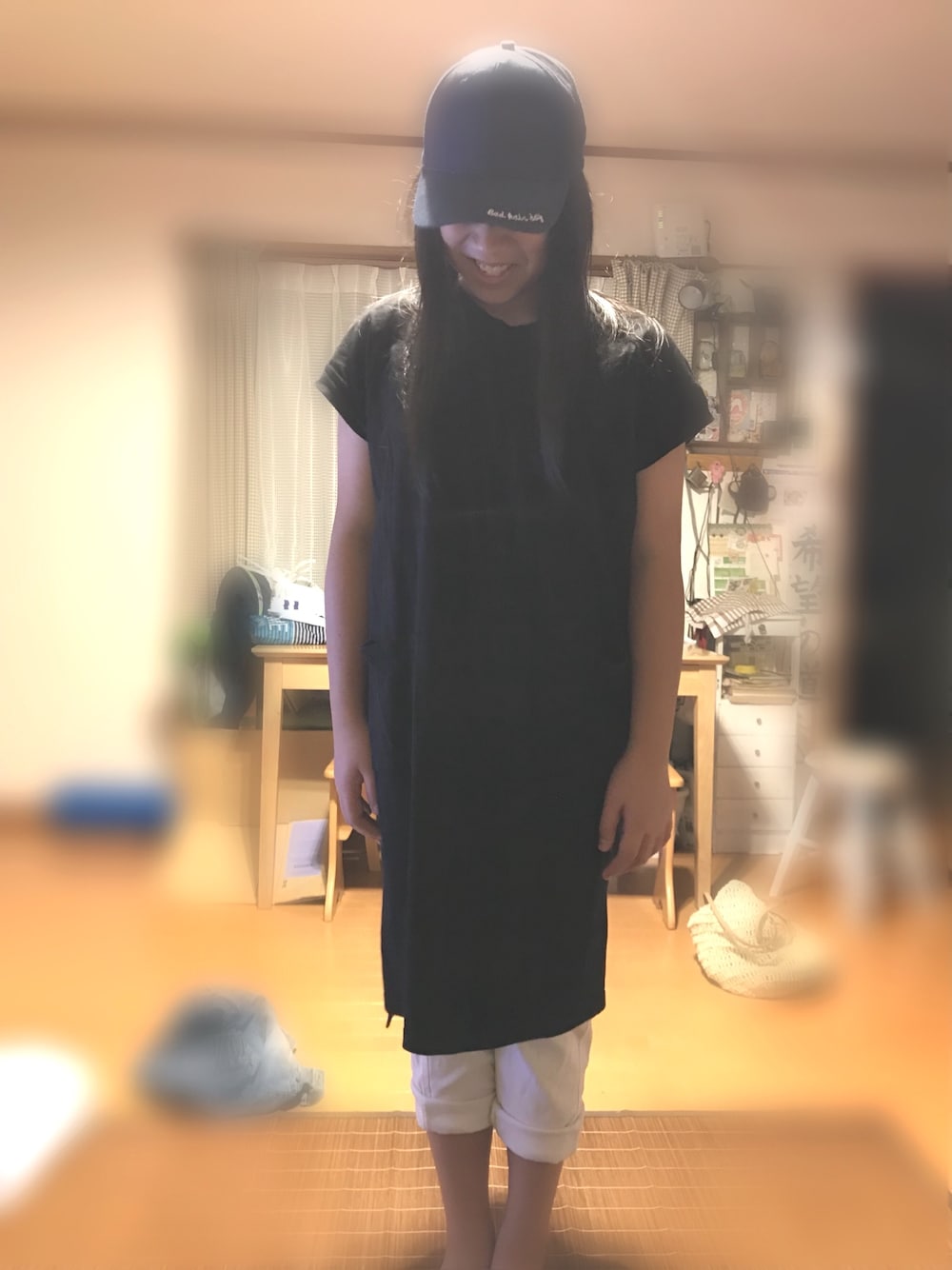 「娘、おさがり、ティーシャツワンピ、白黒コーデ」｜「楽天のアイテム（ワンピース、ブラック系）」を使った、◎みき◎さん（レディース・160cm）の夏コーディネートの1枚目の写真