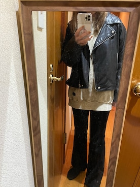 「SPIRALGIRL（スパイラルガール）のアイテム（ライダースジャケット）」を使った、meguuuさん（レディース・156cm）の冬コーディネート