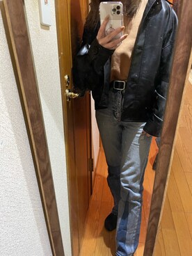 「SLY（スライ）のアイテム（ライダースジャケット）」を使った、meguuuさん（レディース・156cm）の冬コーディネート