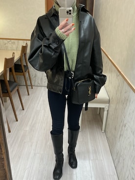 「SLY（スライ）のアイテム（ライダースジャケット）」を使った、meguuuさん（レディース・156cm）の冬コーディネート