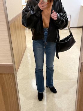 「SLY（スライ）のアイテム（ライダースジャケット）」を使った、meguuuさん（レディース・156cm）の冬コーディネート
