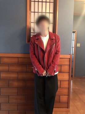 「アイテム（ライダースジャケット、レッド系）」を使った、マサさん（メンズ・165cm）の秋コーディネート