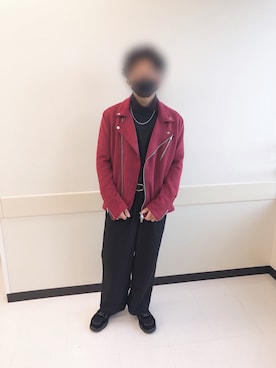 「アイテム（ライダースジャケット、レッド系）」を使った、マサさん（メンズ・165cm）の冬コーディネート