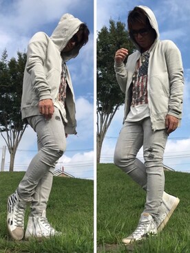 「DRKSHDW by RICK OWENS（ダークシャドウ バイ リックオウエンス）のアイテム（パーカー）」を使った、くすしんさん（メンズ・175cm）の秋コーディネート
