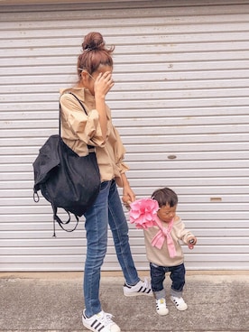 「DHOLIC（ディーホリック）のアイテム（バックパック/リュック）」を使った、3児mama／achaさん（レディース・162cm）の秋コーディネート