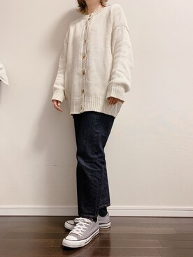 「UNIQLO（ユニクロ）のスラウチテーパードアンクルジーンズ（丈標準64cm）（デニムパンツ、ブルー系）」を使った、なのさん（レディース・158cm）の冬コーディネート
