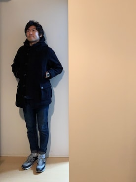 「ネイビーコーデ」｜「アイテム（ダッフルコート）」を使った、トモッティさん（メンズ・174cm）の春コーディネート