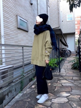 「コンバース ハイカット」｜「アイテム（ニットキャップ/ビーニー）」を使った、nueさん（レディース・160cm）の冬コーディネート