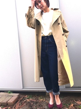 「ハイウエストストレートジーンズ」｜「アイテム（トレンチコート）」を使った、水島 あいさん（レディース・163cm）の春コーディネート