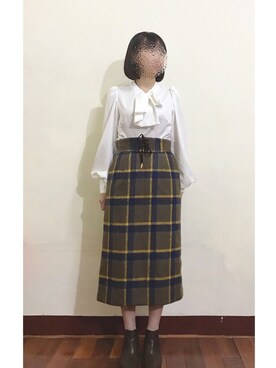 「WILLSELECTION（ウィルセレクション）のメルトンビッグチェックタイトスカート（スカート、イエロー系）」を使った、シュさん（レディース・156cm）の冬コーディネート