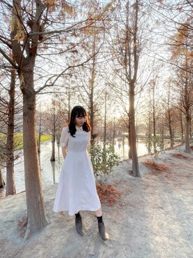 「TITTY&CO.（ティティーアンドコー）のスイッチングチェックワンピース（ワンピース、ブラウン系）」を使った、シュさん（レディース・156cm）の冬コーディネート