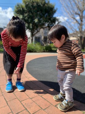 「BRANSHES（ブランシェス）のテレコボーダー長袖Tシャツ（Tシャツ/カットソー）」を使った、ちゃー さん（レディース・150cm）の春コーディネート